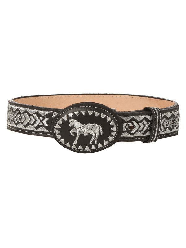 Rain Kids Boys Black Silver Horse Hand Embroidered Dress Belt 18"-32" - SophiasStyle.com